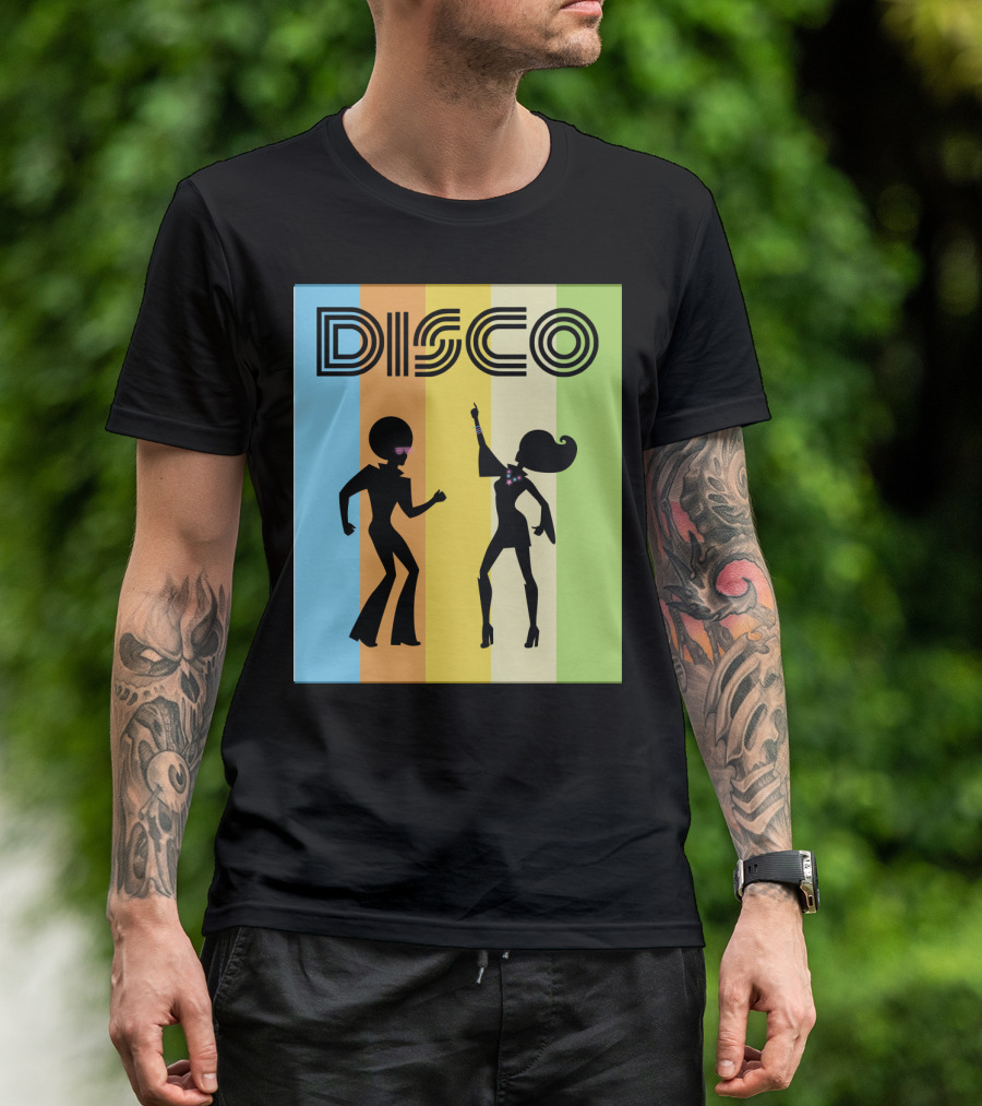 Disco Dancing 70s Disco Dancer With Silhouette And Retro Stripes T-Shirt