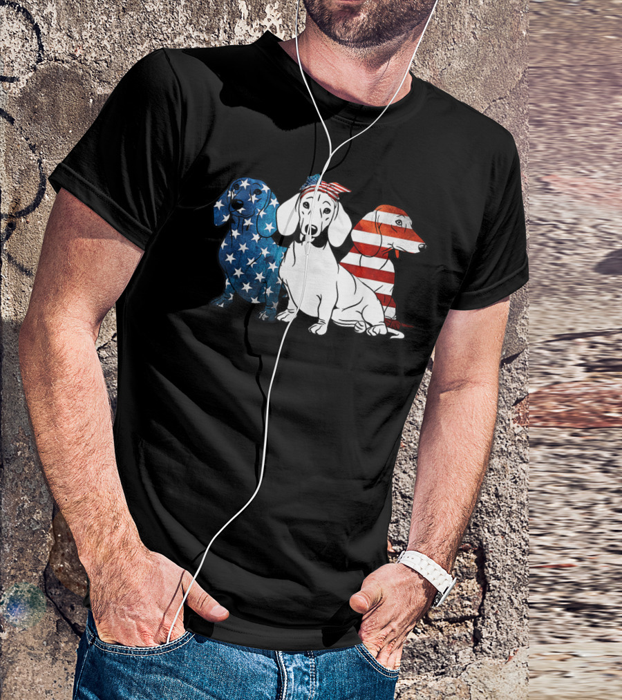 American Dachshund Trio With Patriotic Stars And Stripes US Flag 4th Of July T-Shirt