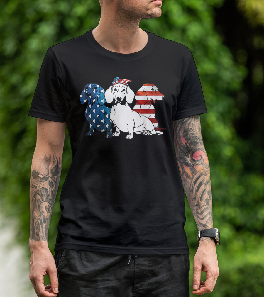 American Dachshund Trio With Patriotic Stars And Stripes US Flag 4th Of July T-Shirt