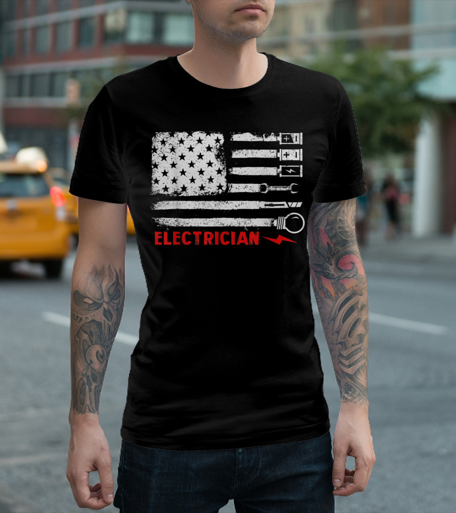 American Flag Electrician with Tools and Symbols T-Shirt