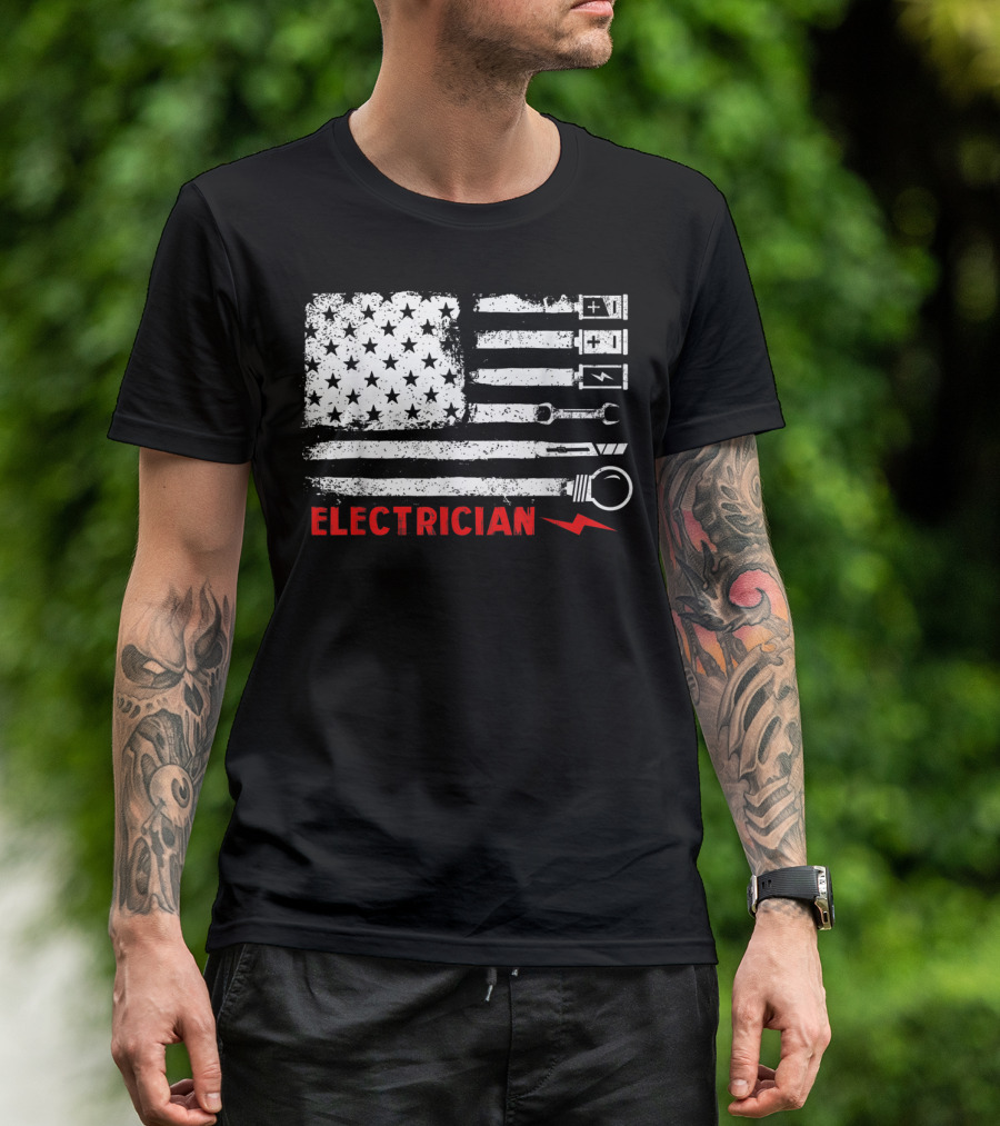American Flag Electrician With Tools And Symbols T-Shirt