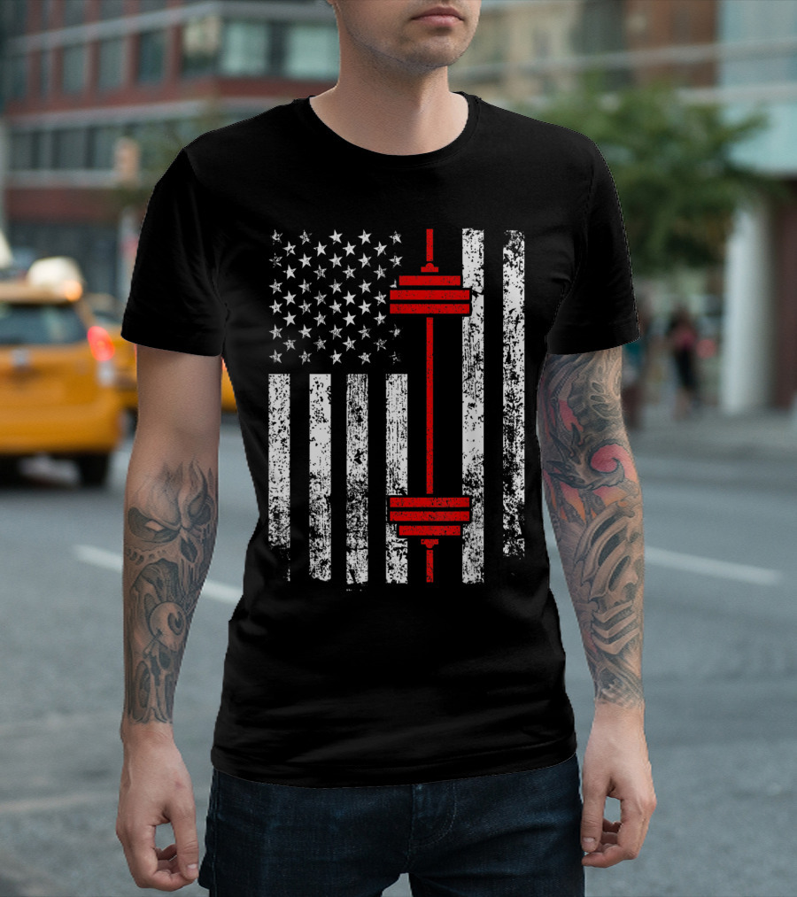 American Flag Barbell Weightlifting Fitness Strength T-Shirt