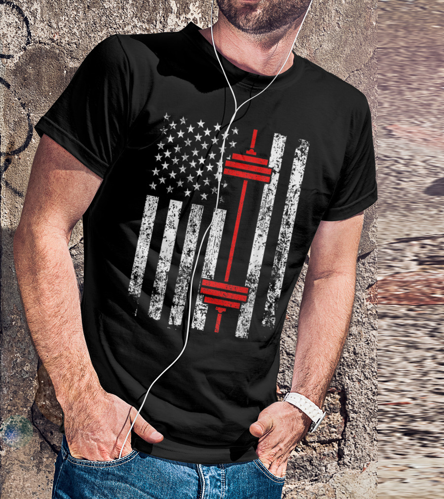 American Flag Barbell Weightlifting Fitness Strength T-Shirt