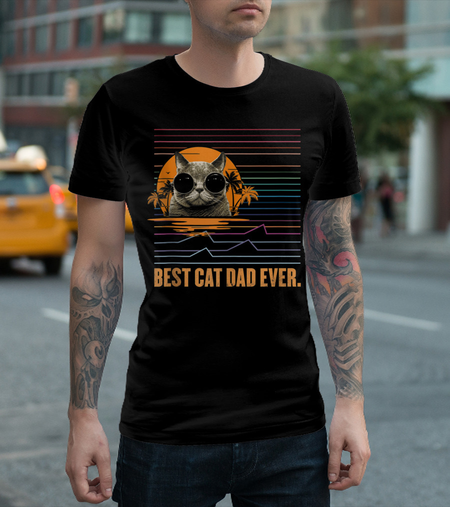 Best Cat Dad Ever Retro Sunset Cat with Sunglasses and Palm Trees T-Shirt