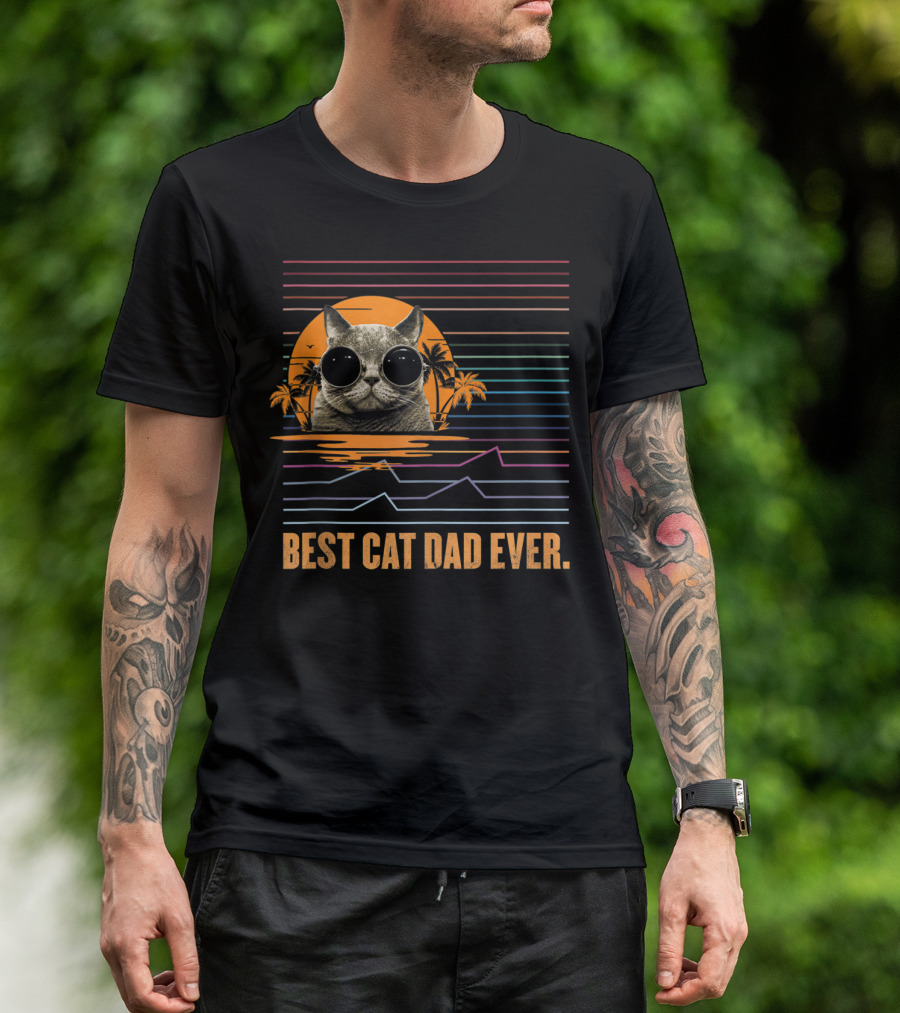 Best Cat Dad Ever Retro Sunset Cat With Sunglasses And Palm Trees T-Shirt