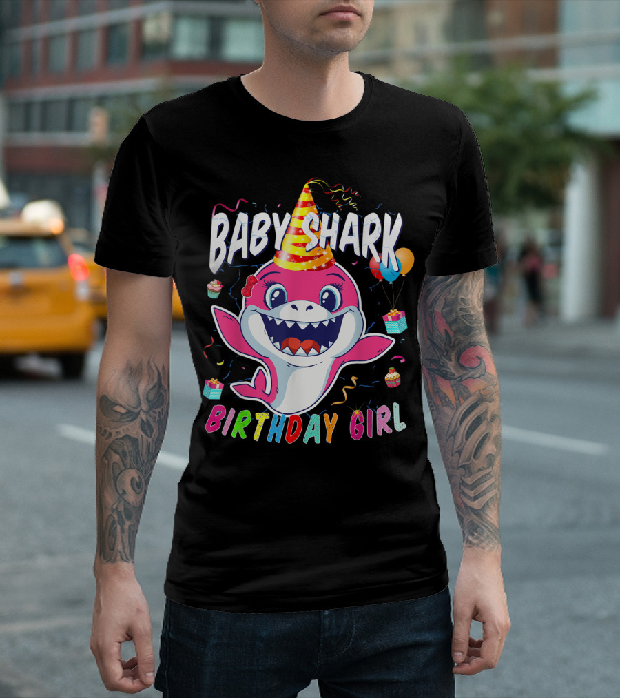 Baby Shark Birthday Girl Party Hat Balloons Cupcakes T-Shirt