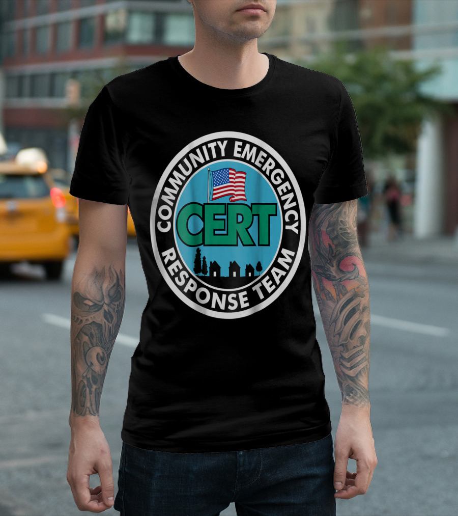 Community Emergency Response Team CERT American Flag Badge T-Shirt