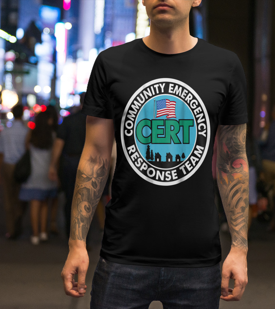 Community Emergency Response Team CERT American Flag Badge T-Shirt