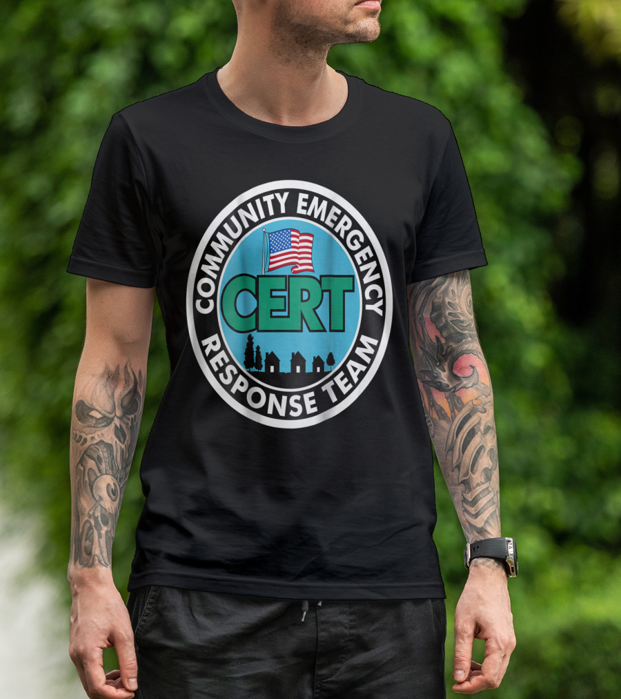 Community Emergency Response Team CERT American Flag Badge T-Shirt