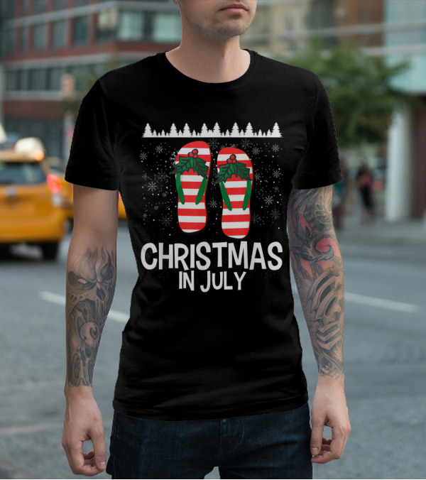 Christmas In July Flip Flop Stripes And Holly T-Shirt