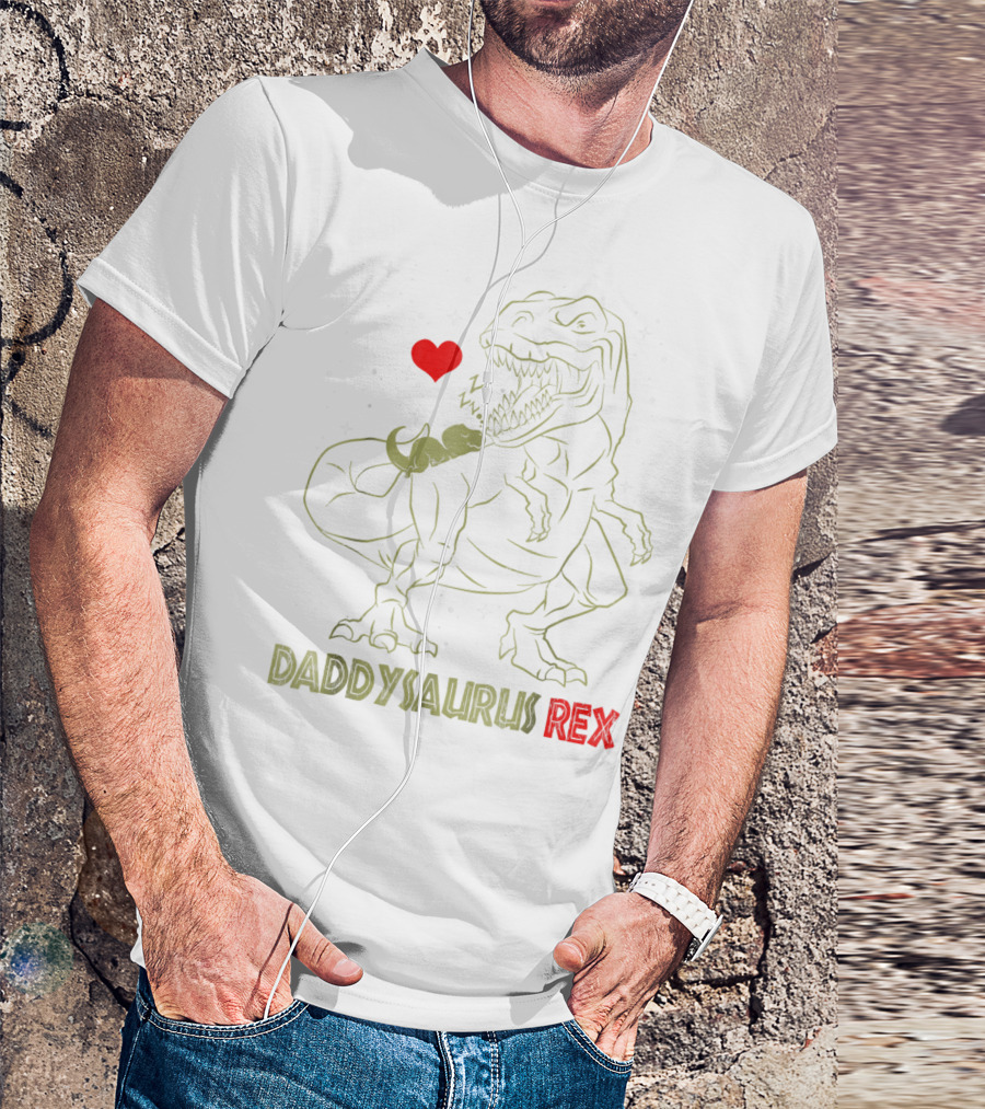 Daddysaurus Rex Dinosaur Daddy Sau With Heart And Sleeping Baby Dinosaur T-Shirt