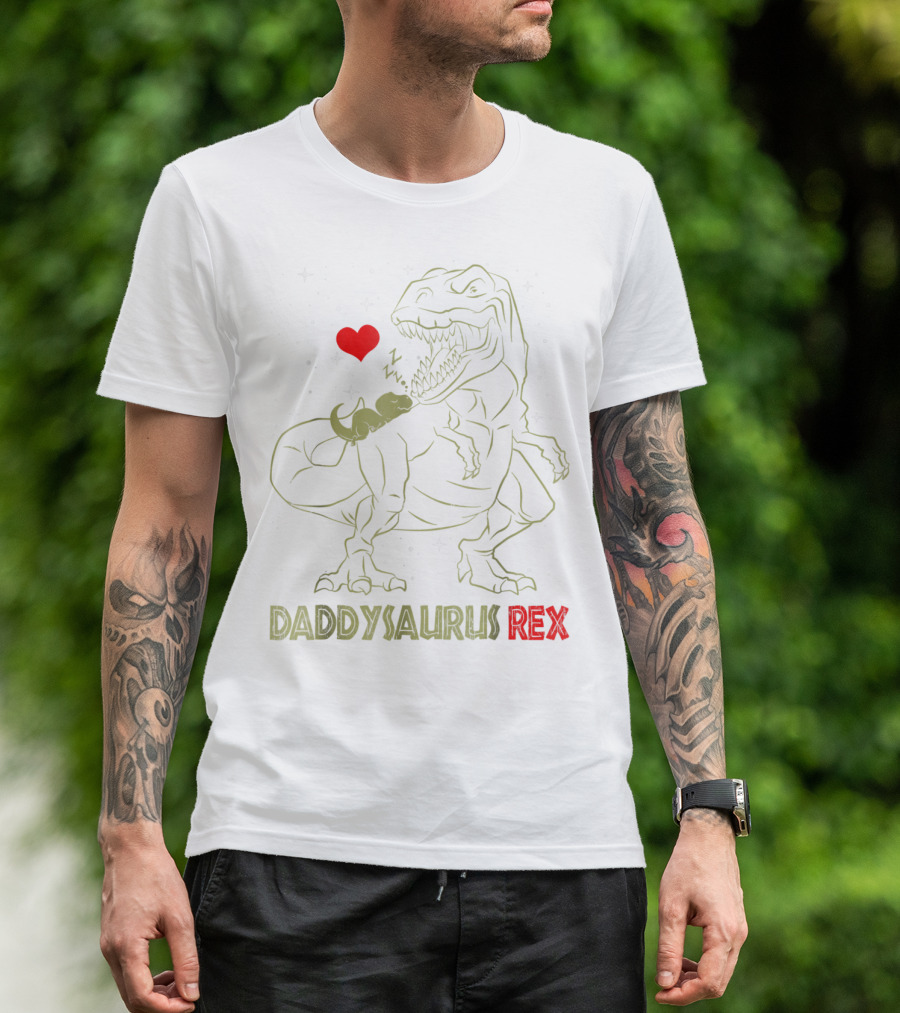 Daddysaurus Rex Dinosaur Daddy Sau With Heart And Sleeping Baby Dinosaur T-Shirt