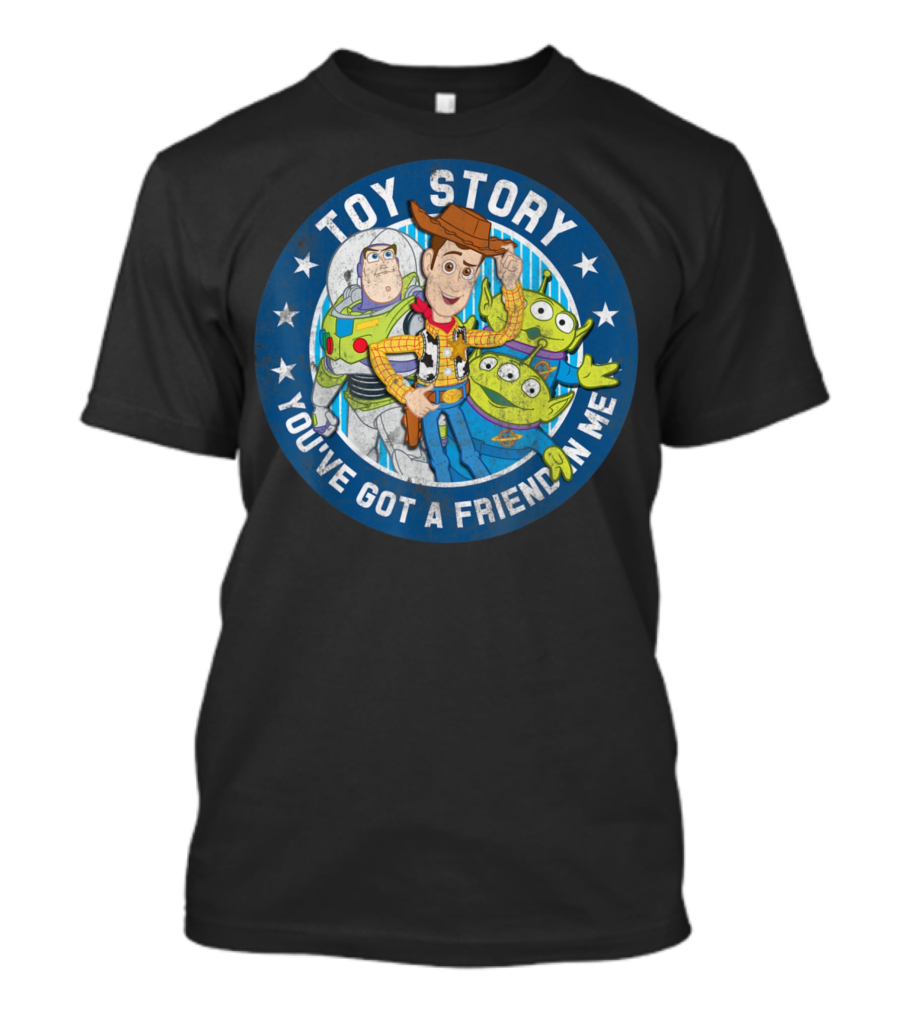 Toy Story You've Got A Friend In Me Buzz Woody Aliens Circle Blue Stars T-Shirt