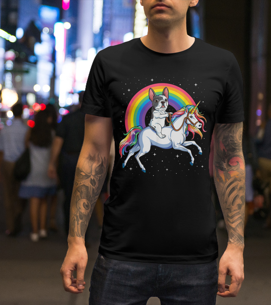 French Bulldog Riding Rainbow Unicorn In Space Galaxy T-Shirt