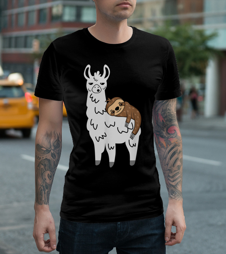 Funny Fluffy Sloth Hugging a Llama T-Shirt
