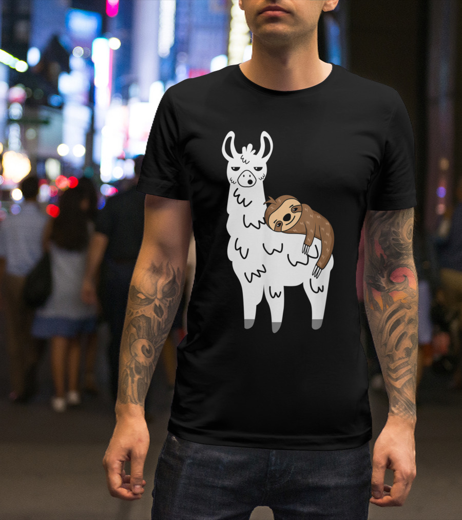 Funny Fluffy Sloth Hugging A Llama T-Shirt