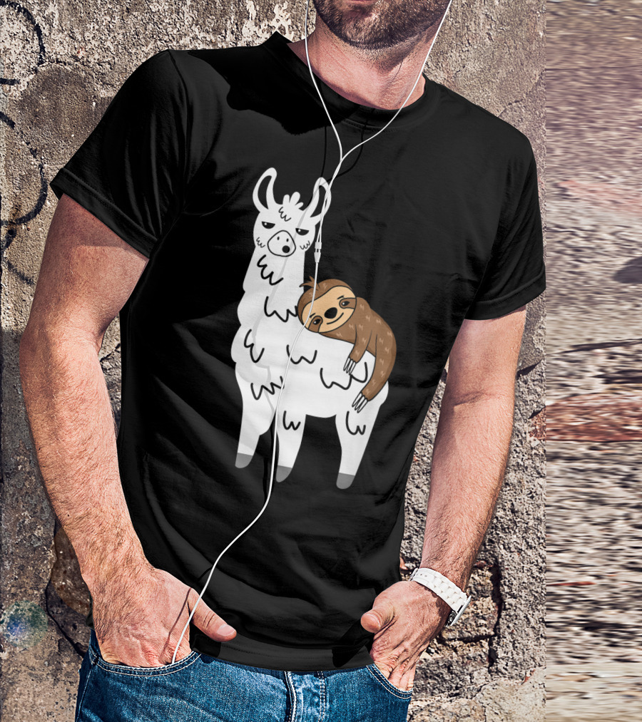 Funny Fluffy Sloth Hugging A Llama T-Shirt