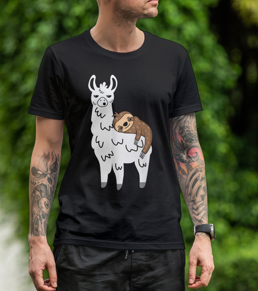 Funny Fluffy Sloth Hugging A Llama T-Shirt