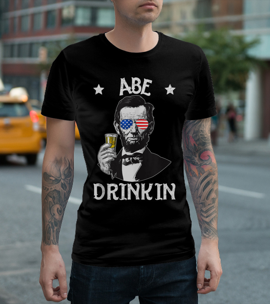 Abe Drinkin American Flag Glasses 4th Of July Lincoln T-Shirt