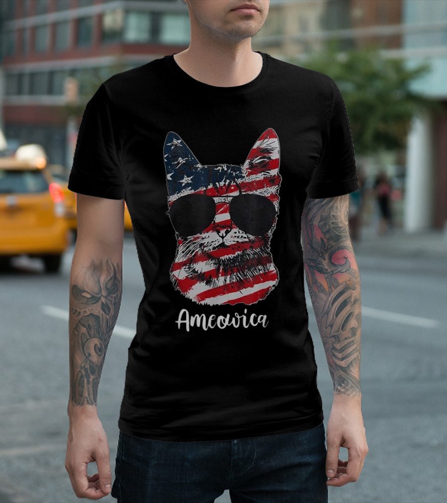 Ameowica American Flag Cat with Sunglasses T-Shirt