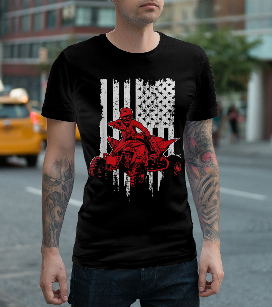 American 4 Wheeler ATV With Grunge USA Flag Background T-Shirt