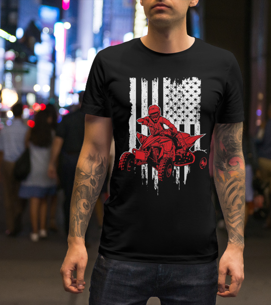 American 4 Wheeler ATV With Grunge USA Flag Background T-Shirt