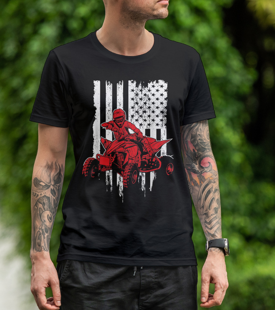American 4 Wheeler ATV With Grunge USA Flag Background T-Shirt