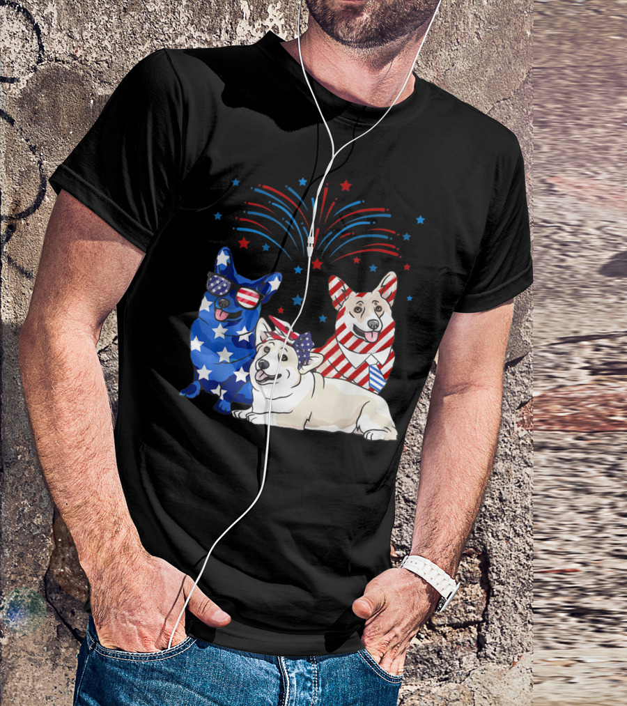 American Flag Stars And Stripes Corgi 4th Of July Fireworks T-Shirt