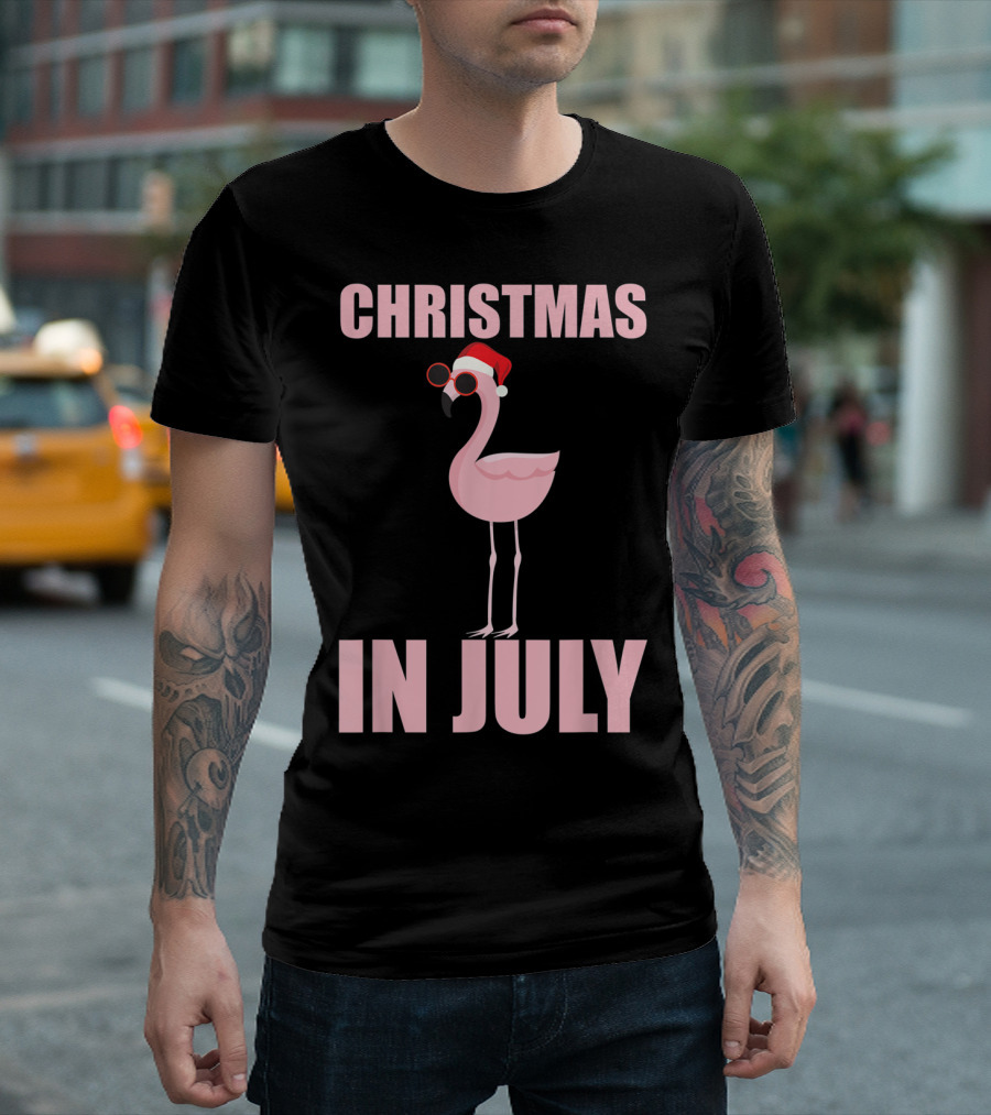 Christmas In July Funny Flamingo in Santa Hat T-Shirt