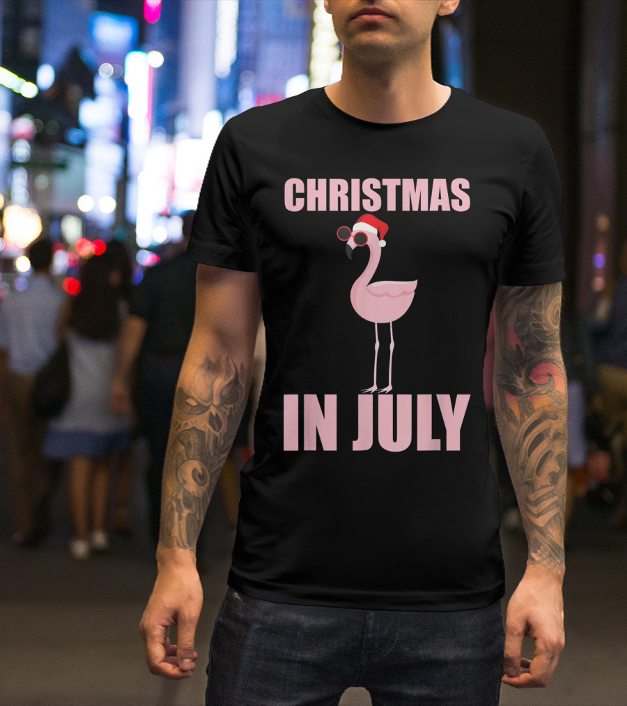 Christmas In July Funny Flamingo In Santa Hat T-Shirt