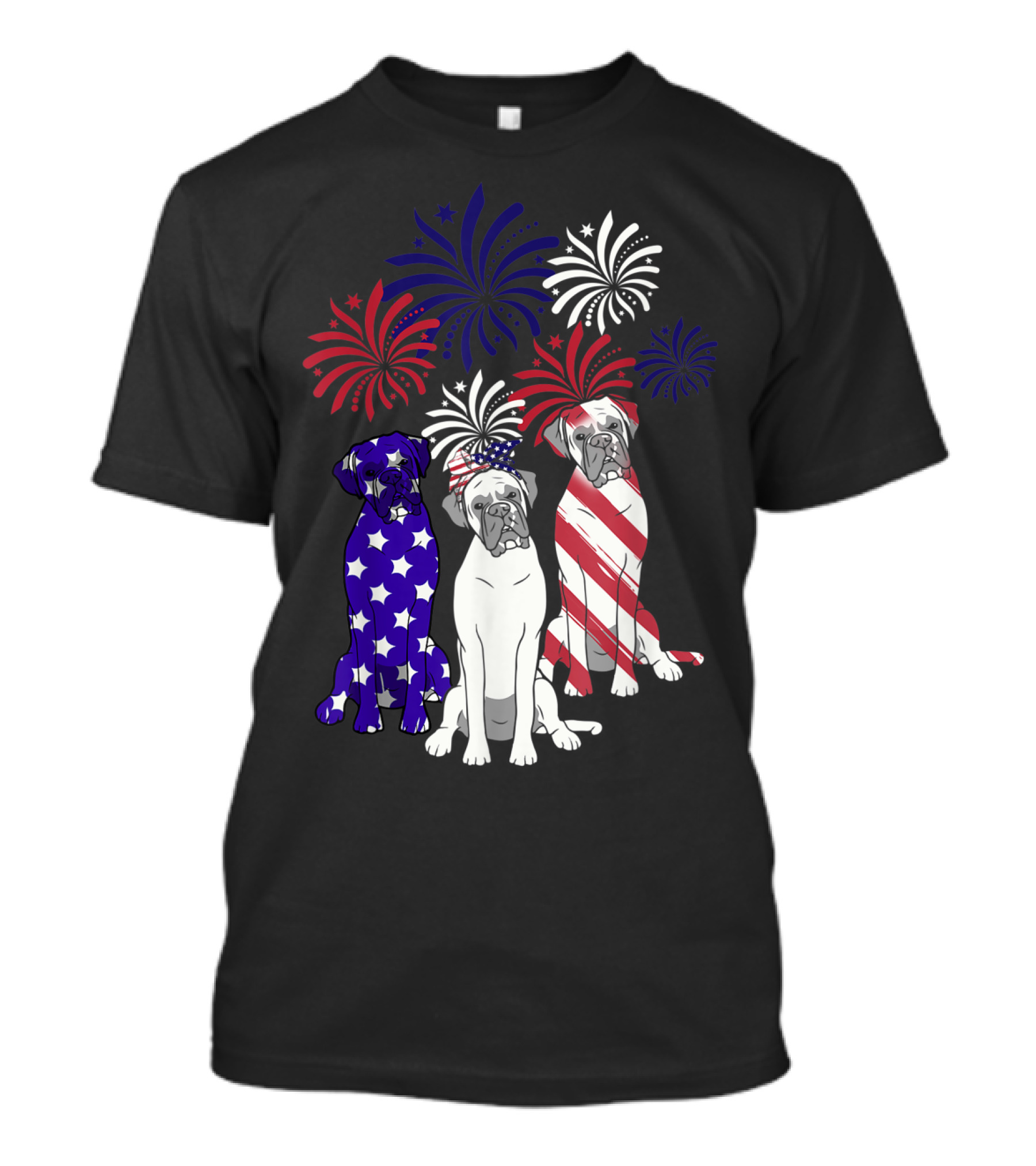 American Flag Boxer Dog Trio With Fireworks 4th Of July T-Shirt
