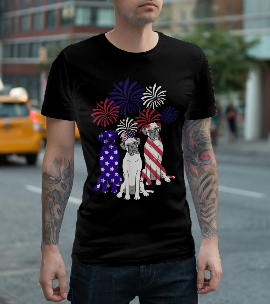 American Flag Boxer Dog Trio With Fireworks 4th Of July T-Shirt