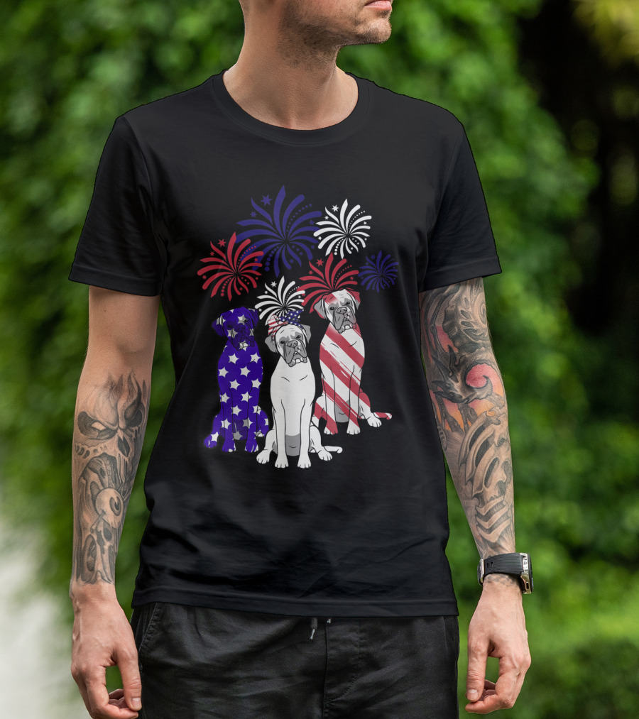 American Flag Boxer Dog Trio With Fireworks 4th Of July T-Shirt