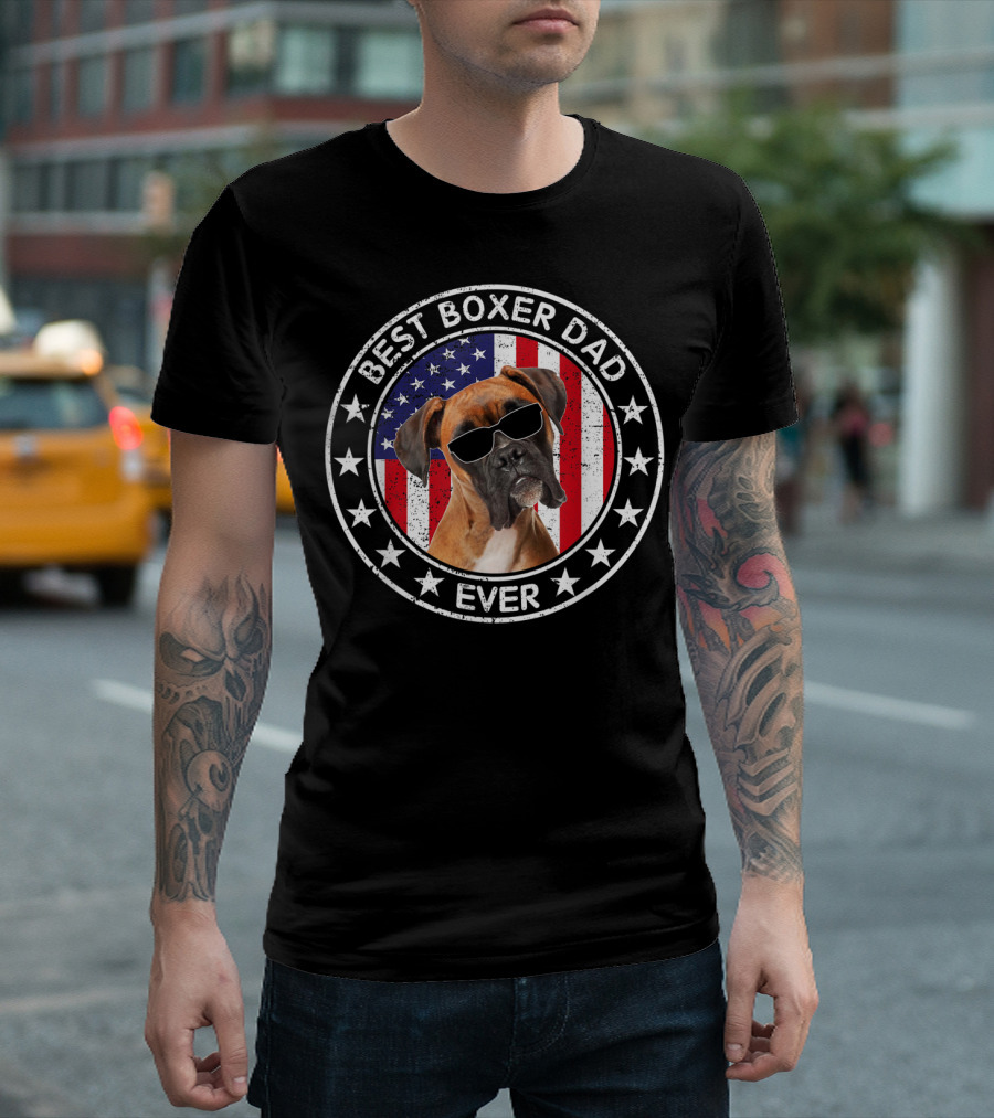 Best Boxer Dad Ever American Flag with Cool Sunglasses Dog T-Shirt