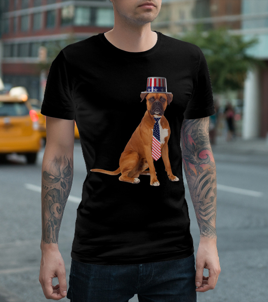 Boxer Dog In American Flag Top Hat And Tie For 4th Of July T-Shirt