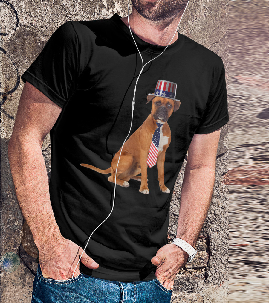 Boxer Dog In American Flag Top Hat And Tie For 4th Of July T-Shirt