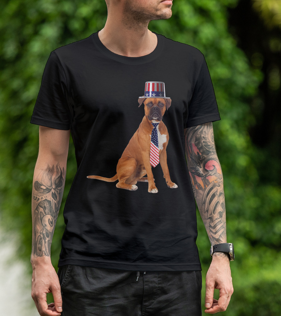 Boxer Dog In American Flag Top Hat And Tie For 4th Of July T-Shirt