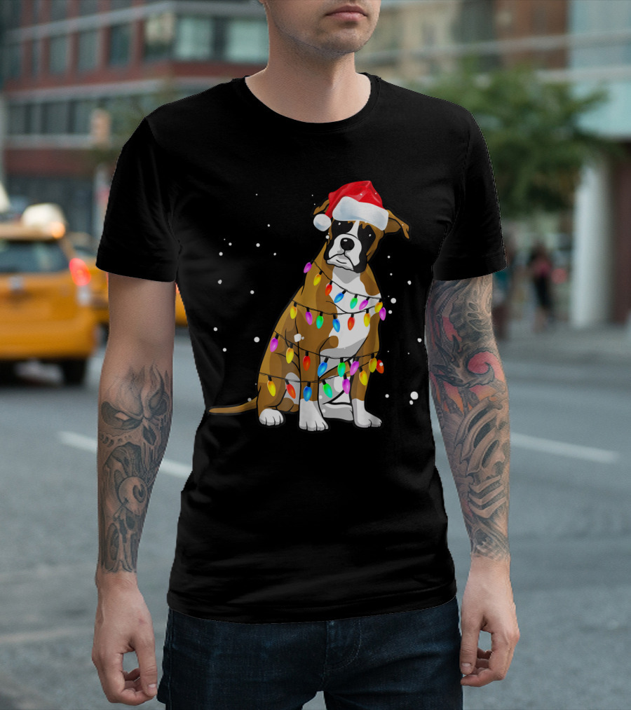 Boxer Dog Wrapped in Christmas Lights Wearing Santa Hat T-Shirt