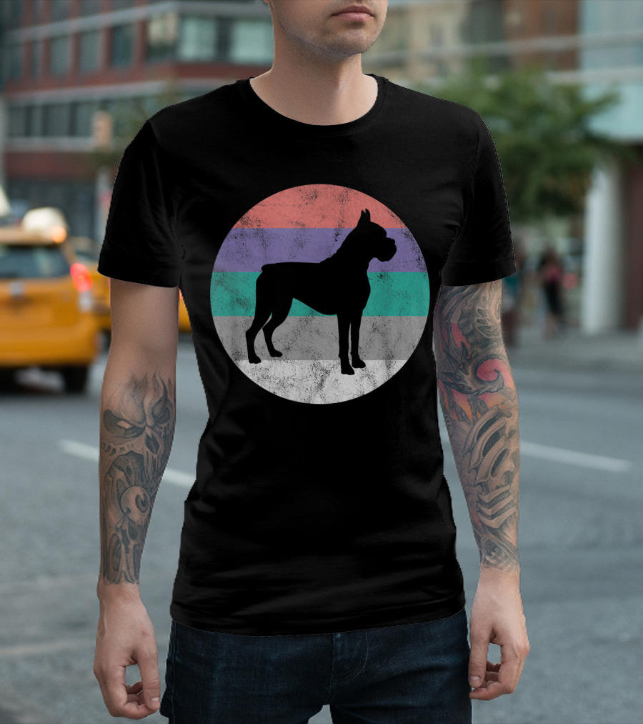 Boxer Dog Silhouette with Striped Circle Retro T-Shirt