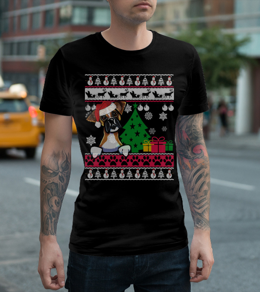 Boxer Dog Santa Hat Ugly Christmas Holiday Tree Gifts Snowflakes Festive T-Shirt