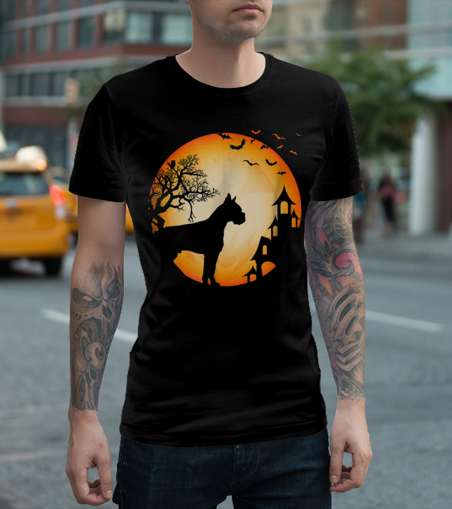 Scary Boxer Dog Halloween Moon with Bats and Haunted House Scene T-Shirt