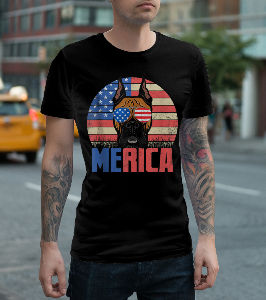 Merica Boxer Dog With USA Flag Sunglasses 4th Of July Puppy T-Shirt