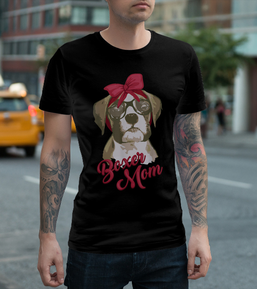 Boxer Mom Funny Cool I Heart Boxer Breed Glasses Red Bow T-Shirt