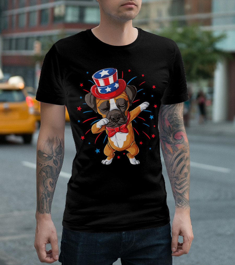 Dabbing Boxer Dog Uncle Sam Hat 4th of July USA American Flag T-Shirt