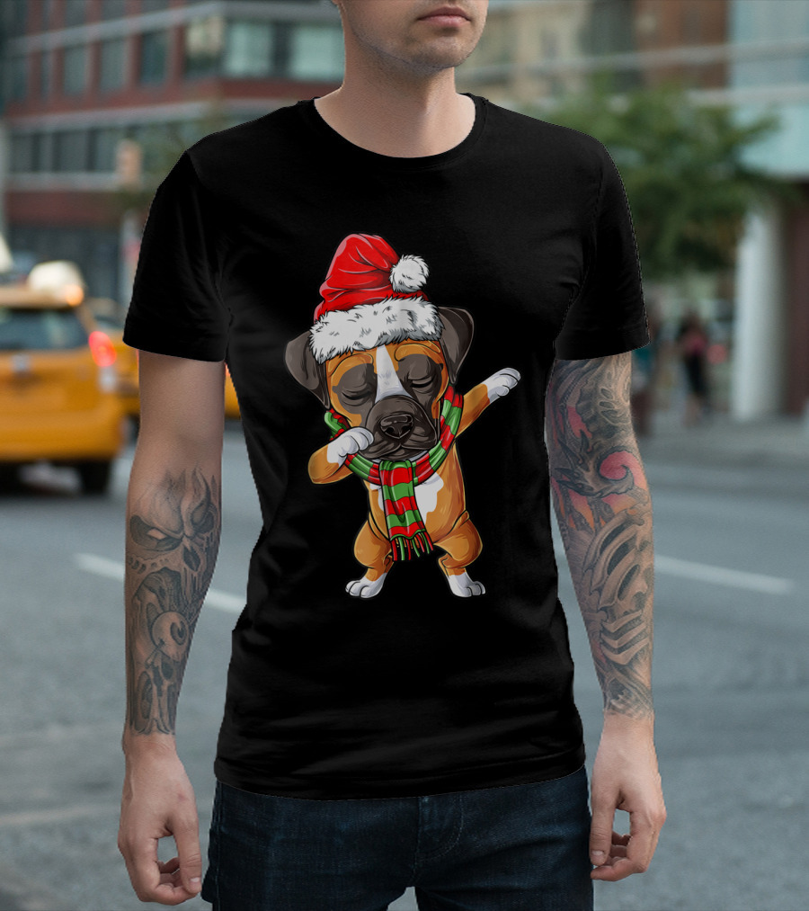 Dabbing Boxer Dog In Santa Hat With Christmas Scarf T-Shirt