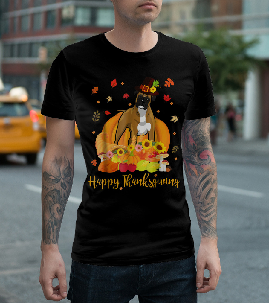 Thanksgiving Boxer Dog With Pilgrim Hat And Harvest Feast T-Shirt
