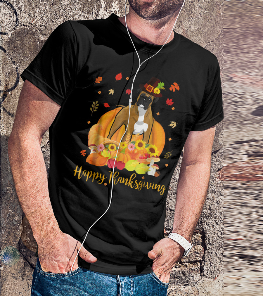 Thanksgiving Boxer Dog With Pilgrim Hat And Harvest Feast T-Shirt