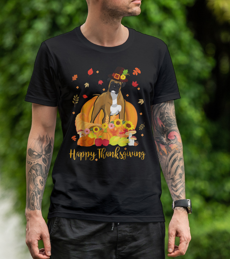 Thanksgiving Boxer Dog With Pilgrim Hat And Harvest Feast T-Shirt