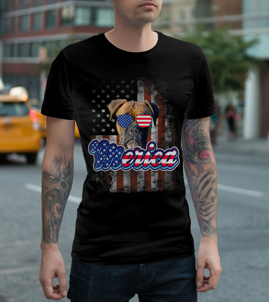 ‘Merica Patriotic Boxer Dog American Flag Sunglasses 4th Of July T-Shirt