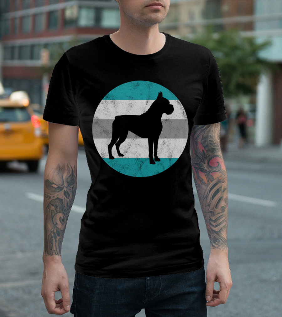Boxer Dog Silhouette on Retro Striped Circle for Teens T-Shirt